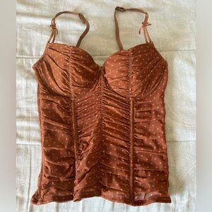 Brown and peach polka dot mesh corset top